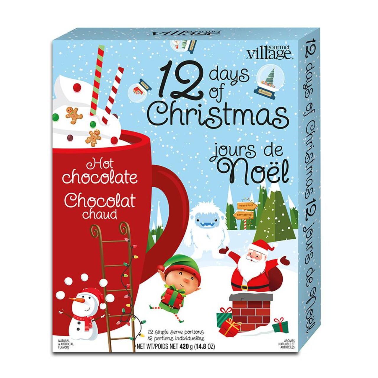 Gourmet du Village Advent Calendar Gift Box, 12 Christmas Season Single-Serve Hot Chocolate Mixes in Assorted Flavors